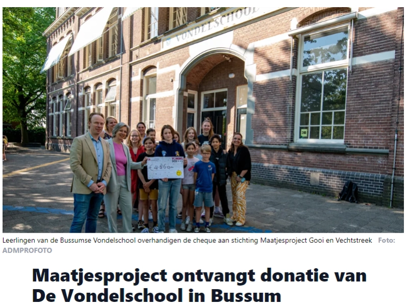 Gooise Meren Nieuws - Maatjesproject ontvangt donatie van De Vondelschool in Bussum