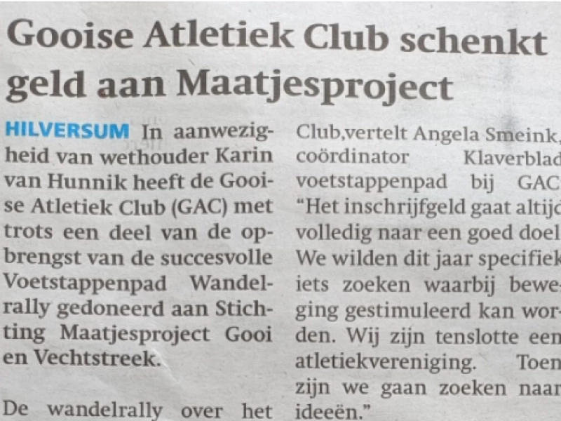Gooi en Eembode - Gooise Atletiekclub schenkt geld aan Maatjesproject
